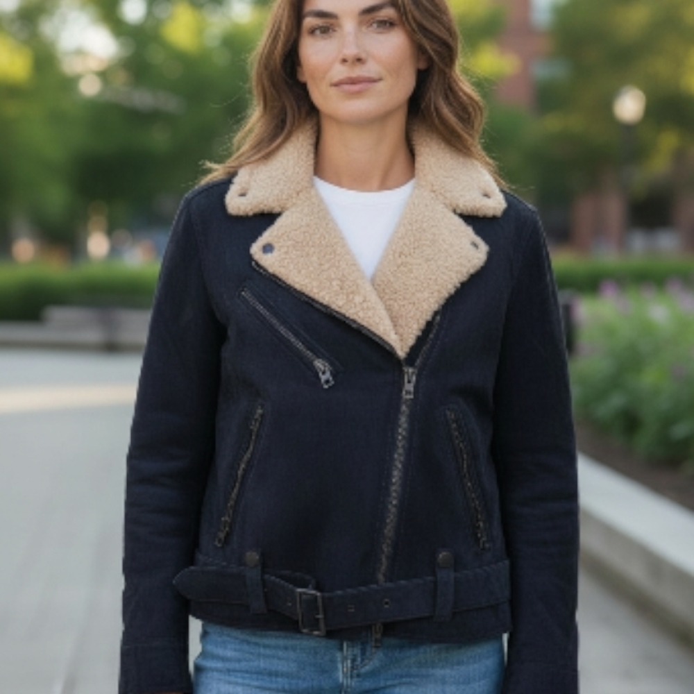 Coach Blue Suede Motorcyle Jacket with Cream Shearling  Collar Misses Size MED